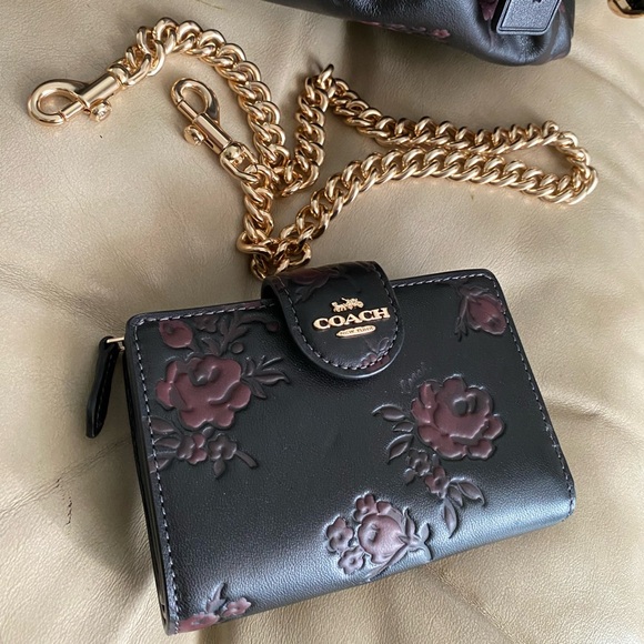 LKNW Coach Faye Shoulder Bag & Wallet Set Leather Floral Print Black/Wine - Picture 13 of 16